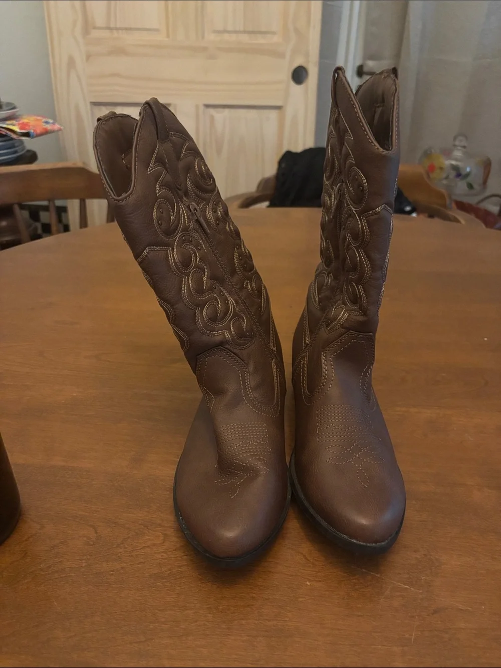 Cat & Jack Kids Montana Brown Cowboy Boots Size 6 Side Zip Western Faux Leather